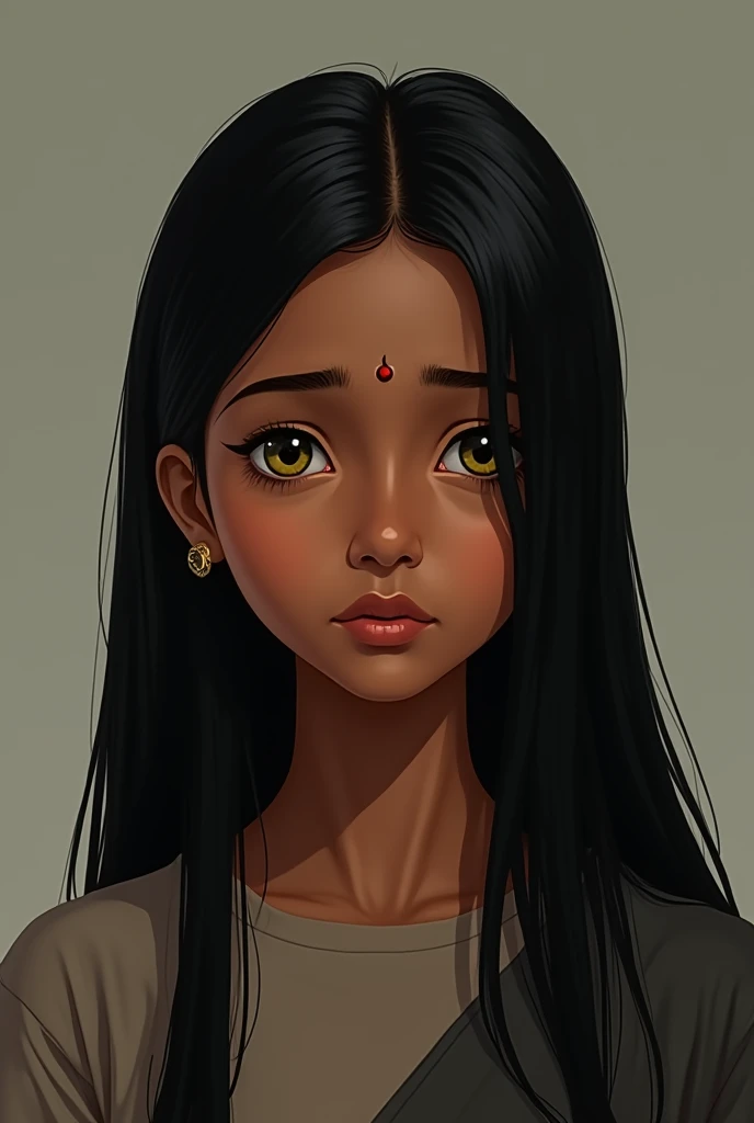 An Indian girl with straight black hair, Dark brown skin with light yellow eyes and a serious expression