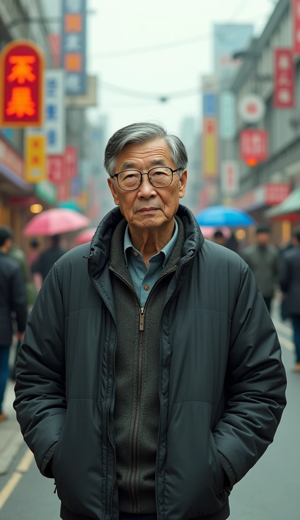 Picture of an elderly Korean man resembling Bill Gates on a busy Korean street trying to cross the road