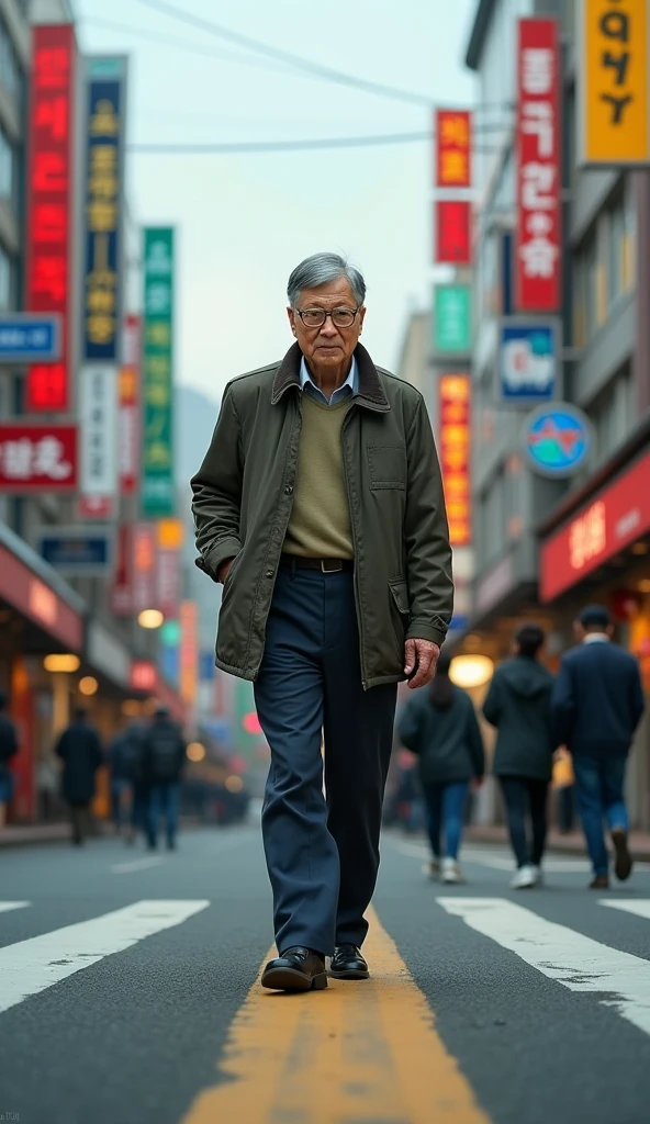 Picture of an elderly Korean man resembling Bill Gates on a busy Korean street trying to cross the road