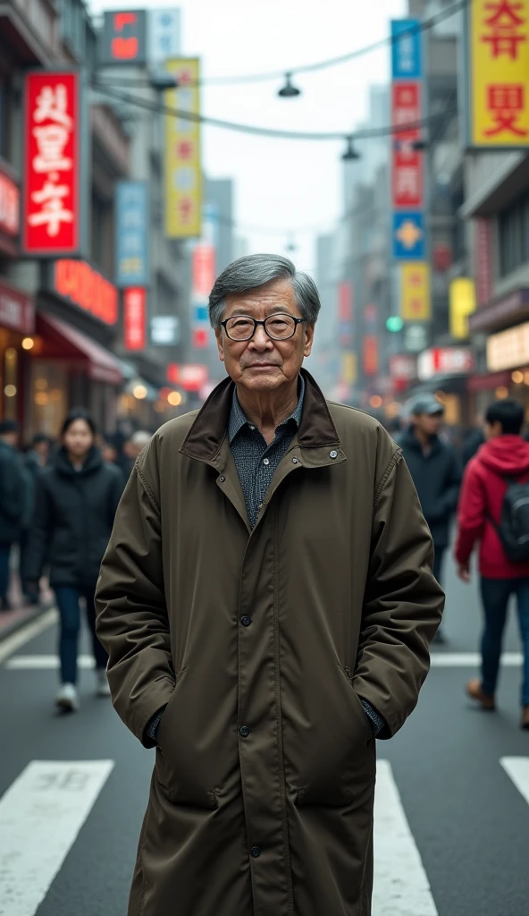 Picture of an elderly Korean man resembling Bill Gates on a busy Korean street trying to cross the road
