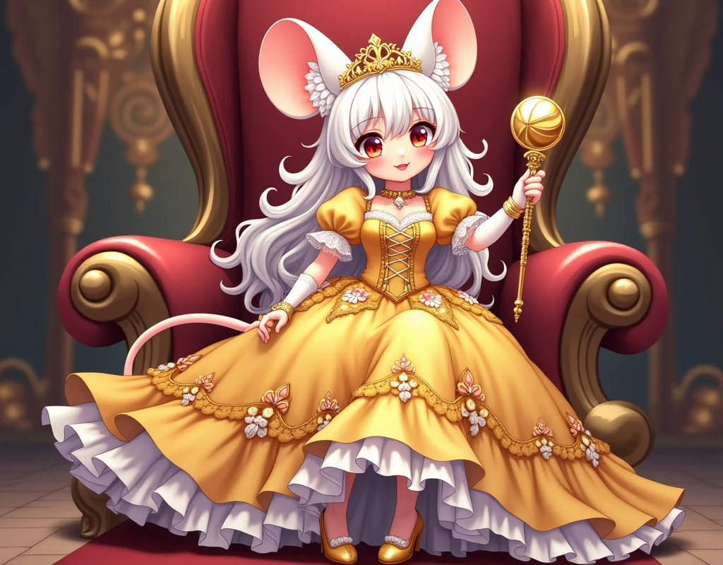 (best quality,4k,8k,highres,masterpiece:1.2), ultra-detailed, Pretty anthropomorphic mouse girl has a princess, drawn in anime style, steampunk, wearing a yellow princess gown with puffy sleeves, steampunk, gorgeous frilly dress design,flowing gown,elaborate lace details,rich textures,contrast stitching,delicate ribbon bows,floral accents, flowers embroidery, full skirt,short sleeves,fitted waistline,flared cuffs,lace-up back,luxurious fabrics,flawless silhouette, long curly white hair and red eyes, white fur, smiling, mouse ears and tail, high heels, white elbow gloves, gold bracelets, tiara made of seashells, red lipstick, eyeshadow, seashell necklace, coronation ritual, sitting elegantly on a throne, she’s holding a royal scepter and a gold sphere.