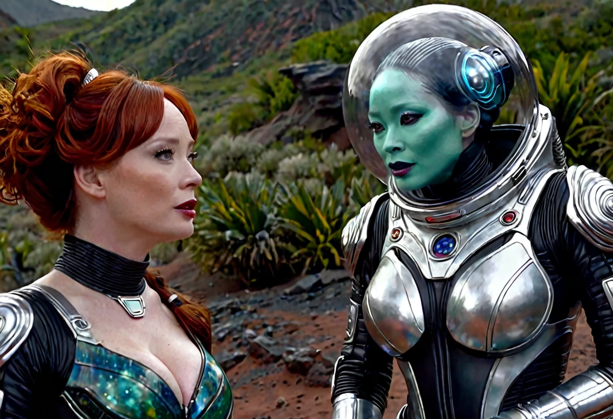 A highly detailed, photorealistic painting of Christina Rene Hendricks wearing a sexy sci-fi space suit, sci-fi make-up, with silver highlights in her hair, surprised on an alien world, alongside Lucy Liu wearing a sexy alien costume with alien contacts and antennae, is greeting Christina on an alien world , 8k, hyper detailed, cinematic lighting, dramatic composition, vibrant colors, masterpiece, award-winning digital art