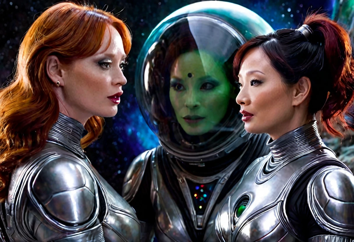 A highly detailed, photorealistic painting of Christina Rene Hendricks wearing a sexy sci-fi space suit, sci-fi make-up, with silver highlights in her hair, surprised on an alien world, alongside Lucy Liu wearing a sexy alien costume with alien contacts and antennae, is greeting Christina on an alien world , 8k, hyper detailed, cinematic lighting, dramatic composition, vibrant colors, masterpiece, award-winning digital art
