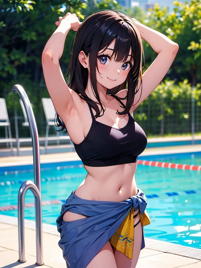Girl, cute, adorable, smiling, straight hair, long hair, black hair, standing, (right arm up behind:1.2), (shows armpit:1.2), (left arm Lower waist:1.2), Swayback stance, looking at the camera, From the front, from thighs to head, pool, daylight,Sarong-pass