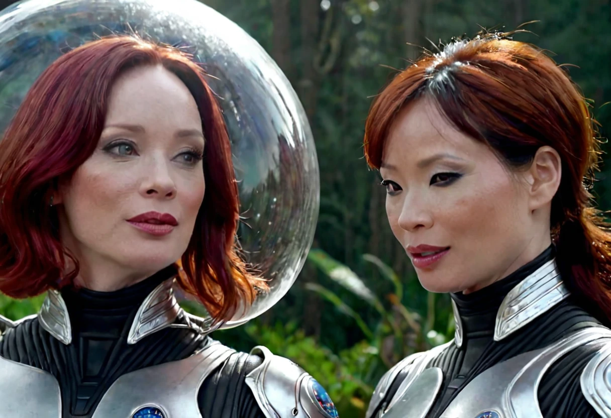 A highly detailed, photorealistic painting of Christina Rene Hendricks wearing a sexy sci-fi space suit, sci-fi make-up, with silver highlights in her hair, surprised on an alien world, alongside Lucy Liu wearing a sexy alien costume with alien contacts and antennae, is greeting Christina on an alien world , 8k, hyper detailed, cinematic lighting, dramatic composition, vibrant colors, masterpiece, award-winning digital art
