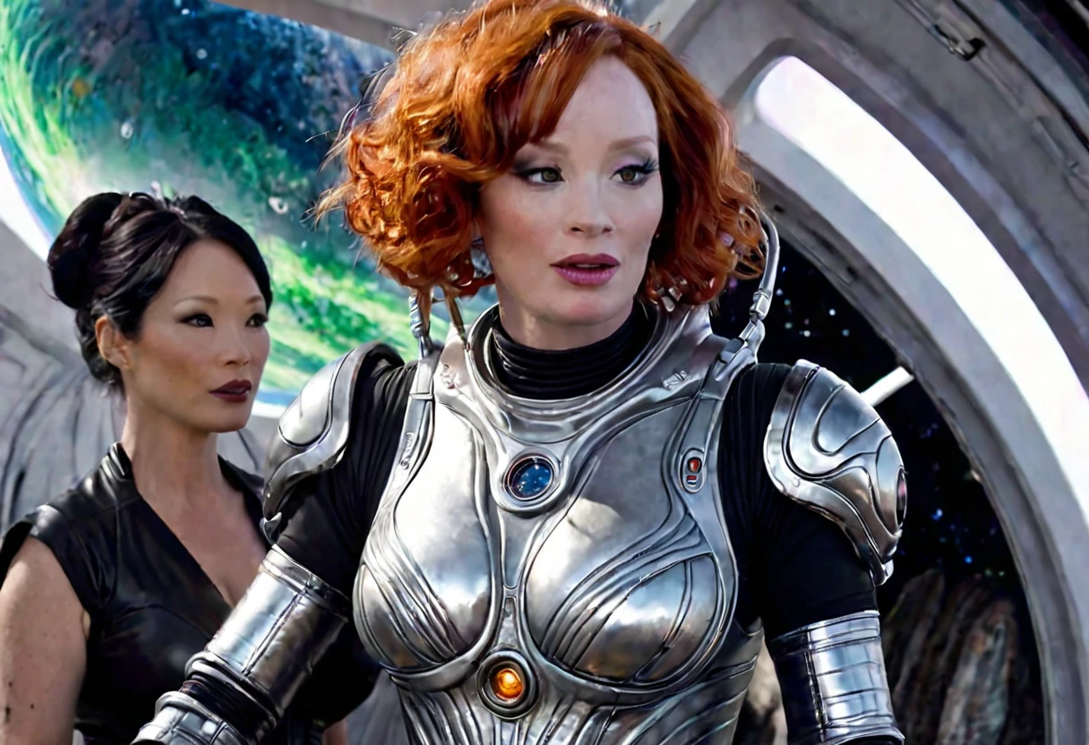 A highly detailed, photorealistic painting of Christina Rene Hendricks wearing a sexy sci-fi space suit, sci-fi make-up, with silver highlights in her hair, surprised on an alien world, alongside Lucy Liu wearing a sexy alien costume with alien contacts and antennae, is greeting Christina on an alien world , 8k, hyper detailed, cinematic lighting, dramatic composition, vibrant colors, masterpiece, award-winning digital art