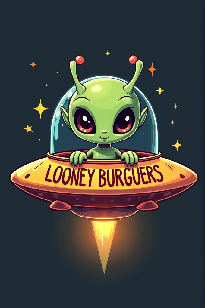 A logo for a hamburgers business called "Looney Burguers". The main element is friendly extraterrestrial being with with. The being is inside an UFO-shaped spaceship that is a hamburger. The text "Looney Burguers" is written on the spaceship. There is not background