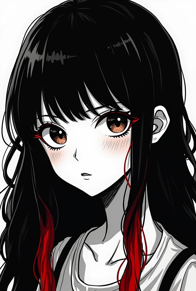 Manga style girl with black wavy hair, dark brown eyes, with its two front locks with the final tips painted red like a black and white manga