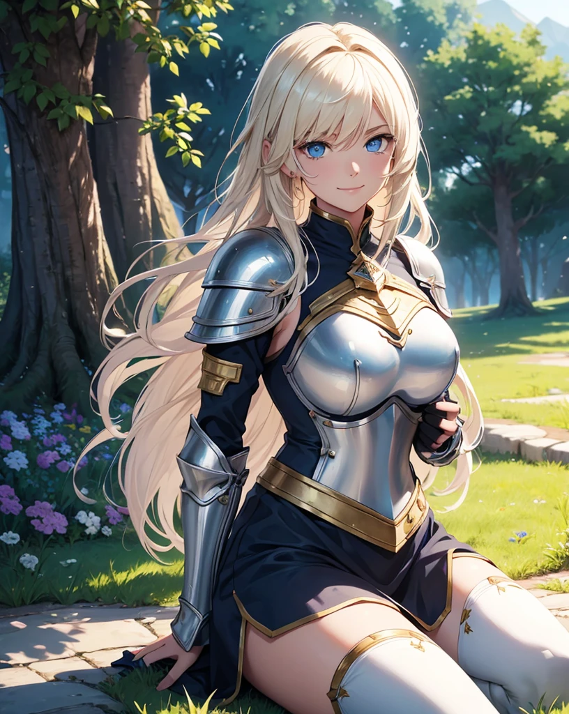 female knight, from a fantasy rpg game, with light full armor, blond hair, He has a helmet but it is raised, camera 3/4 left, does not look at the camera, situated on one side, Her thighs are clearly visible, She looks very calm and smiling, sitting on the floor under a tree, In the background you can see a beautiful meadow, Beautiful blue eyes, soft skin, 8k, Best Quality, masterpiece, vivid colors.