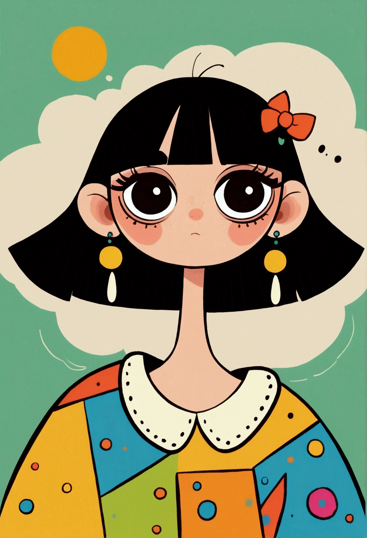 Flat Wind，Vector，Childish art cartoon，Cartoon girl with black hair and big earrings,big eyes，Cute expression，Bangs，Minimalism， White collar，Lovely art style, rich and colorful! Digital illustration style, The art of math. rich and colorful comic, Hand drawn cartoon art style，Solid color background，Black Lines