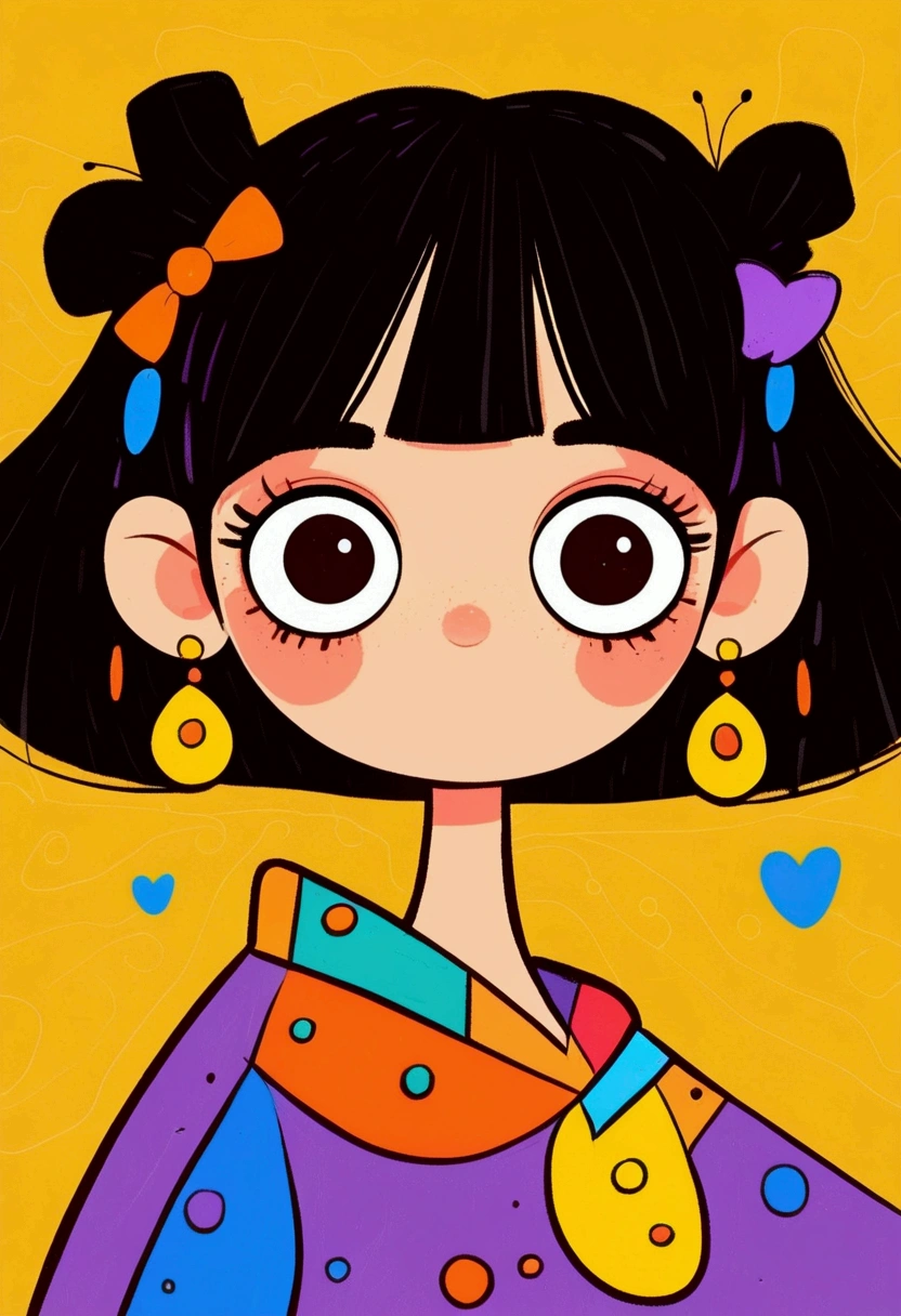 Flat Wind,Vector,Childish art cartoon,Cartoon girl with black hair and big earrings,big eyes,Cute expression,Bangs,Minimalism, White collar,Lovely art style, rich and colorful! Digital illustration style, The art of math. rich and colorful comic, Hand drawn cartoon art style,Solid color background,Black Lines