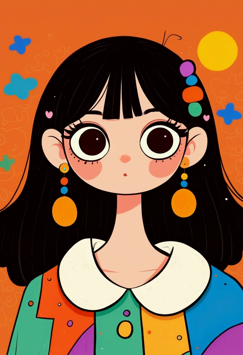 Flat Wind,Vector,Childish art cartoon,Cartoon girl with black hair and big earrings,big eyes,Cute expression,Bangs,Minimalism, White collar,Lovely art style, rich and colorful! Digital illustration style, The art of math. rich and colorful comic, Hand drawn cartoon art style,Solid color background,Black Lines