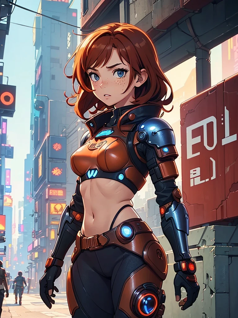 (masterpiece), (best quality), ((one girl)),(( red copper hair)),(brown eyes),short hair, curly hair, anime style, freckles, (small breast), (petite figure), legs,((cyberpunk armor)), (blue armor)),(almond eyes) ,( tan skin)