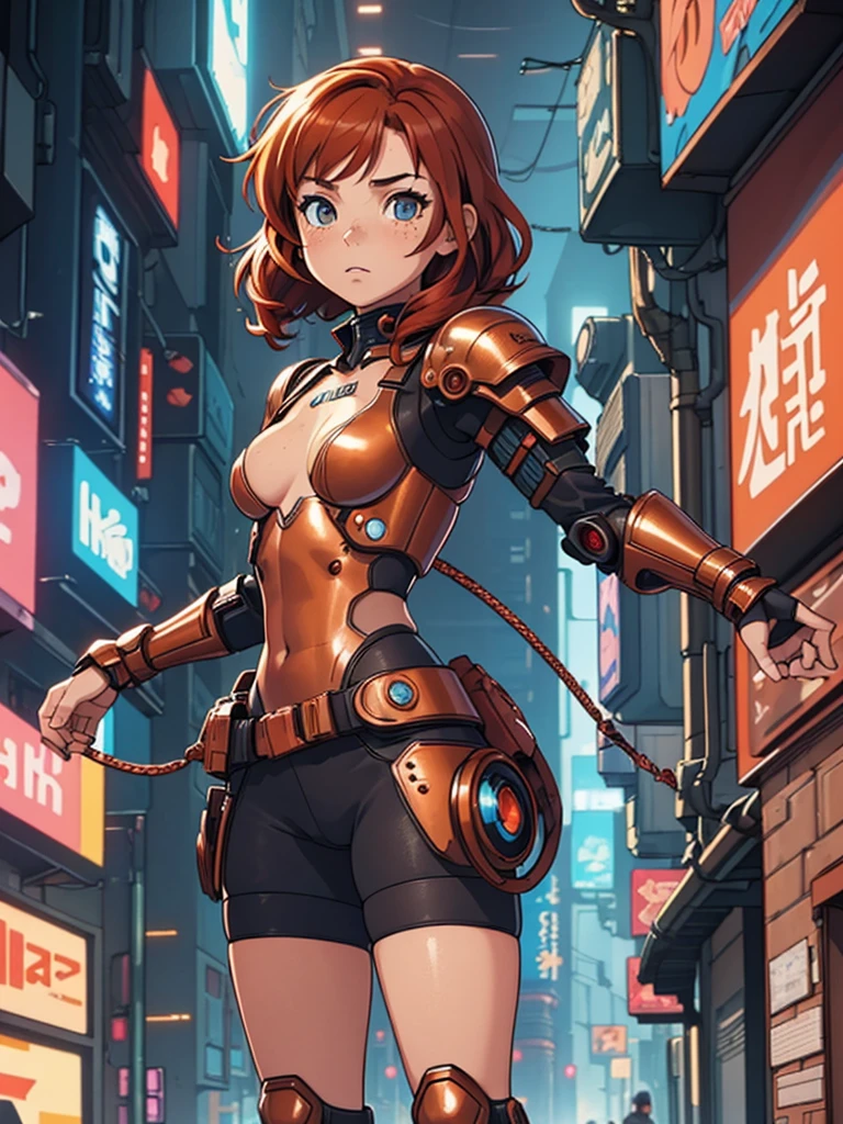 (masterpiece), (best quality), ((one girl)),(( red copper hair)),(brown eyes),short hair, curly hair, anime style, freckles, (small breast), (petite figure), legs,((cyberpunk armor)), (blue armor)),(almond eyes) ,( tan skin) 