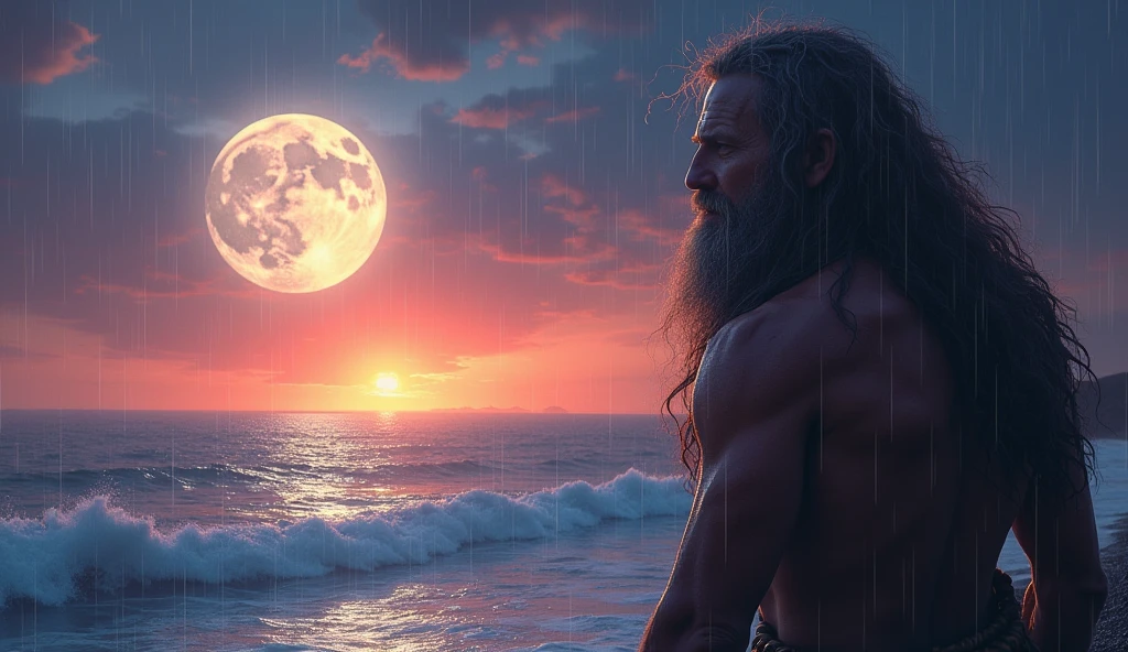 prehistoric man looking at the sea, admiring the moonlight; sunset, hugging your partner; rain falling