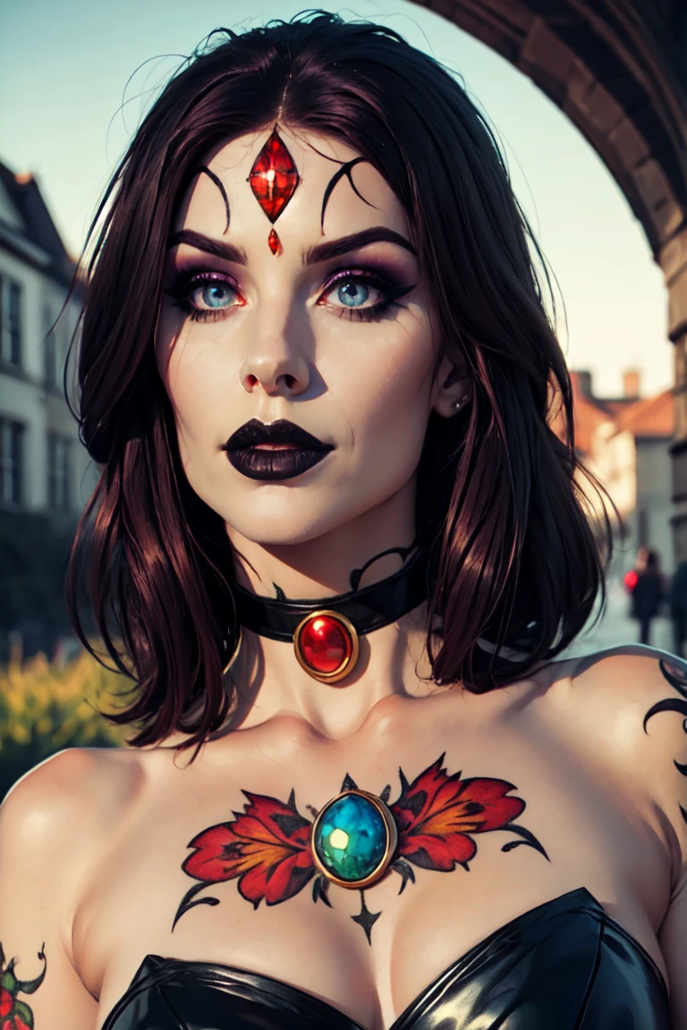 (Best Quality, 8k, masterpiece, HD), (Photo of attractive Caucasian gothic model woman with tattoos), only 1Girl like Raven, ((precious stone on the forehead)), heavy makeup , layer, choker,very pale skin,Ultra detailed face, detailed lips, fine eyes, black lipstick, fine eyes, whole body, walking on fire