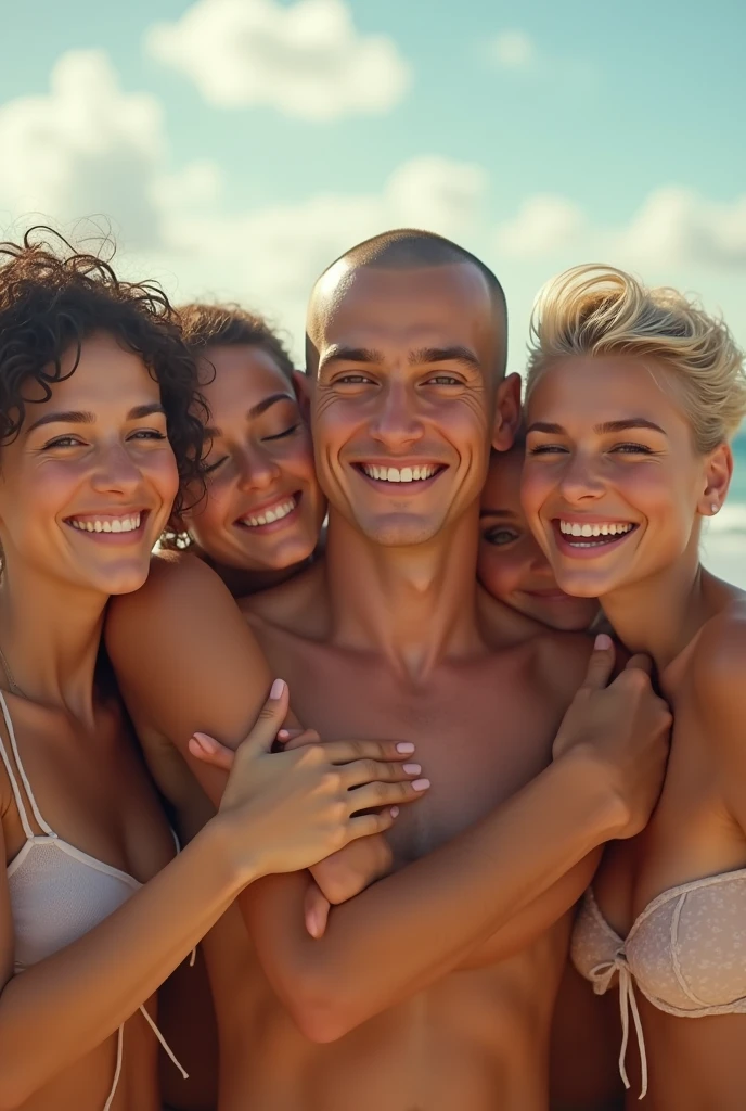 Short young man with bald head smiling hugging a 5 woman with very short hair on a beach on a sunny day