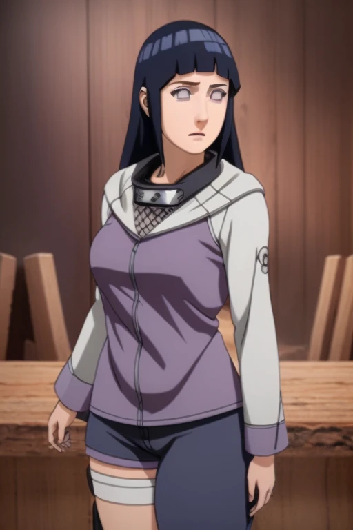 A beautiful young woman with serious expression, 1 Hinata Hyuuga from Naruto Shippuden examining her tight fitted pants, extremely detailed face, beautiful detailed eyes and lips, long eyelashes, intricate folds and textures of clothing, photorealistic, ultra-detailed, realistic skin textures, studio lighting, dramatic lighting, vibrant colors, cinematic composition