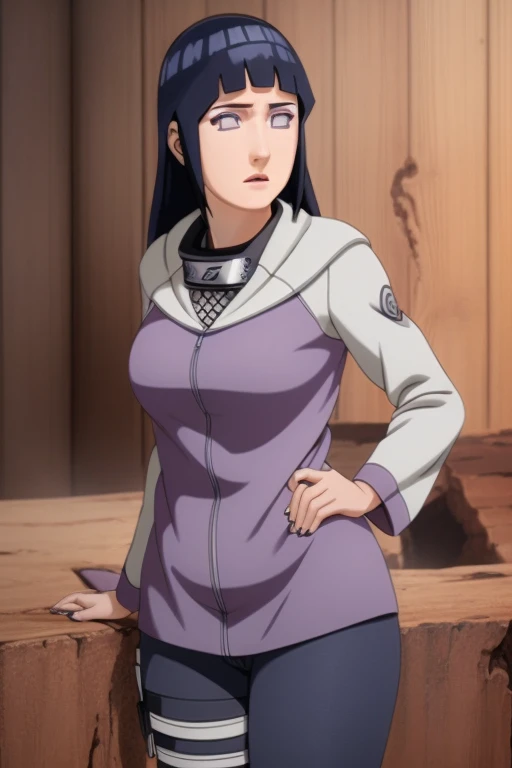 A beautiful young woman with serious expression, 1 Hinata Hyuuga from Naruto Shippuden examining her tight fitted pants, extremely detailed face, beautiful detailed eyes and lips, long eyelashes, intricate folds and textures of clothing, photorealistic, ultra-detailed, realistic skin textures, studio lighting, dramatic lighting, vibrant colors, cinematic composition