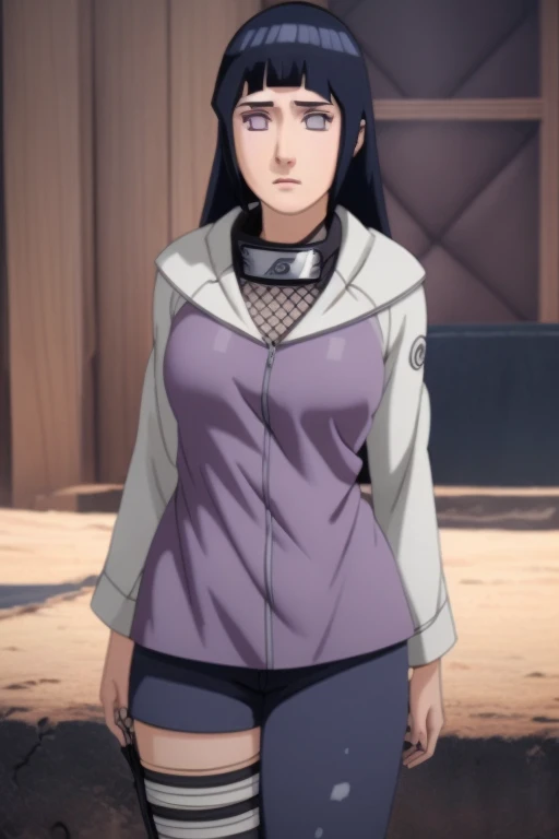 A beautiful young woman with serious expression, 1 Hinata Hyuuga from Naruto Shippuden examining her tight fitted pants, extremely detailed face, beautiful detailed eyes and lips, long eyelashes, intricate folds and textures of clothing, photorealistic, ultra-detailed, realistic skin textures, studio lighting, dramatic lighting, vibrant colors, cinematic composition