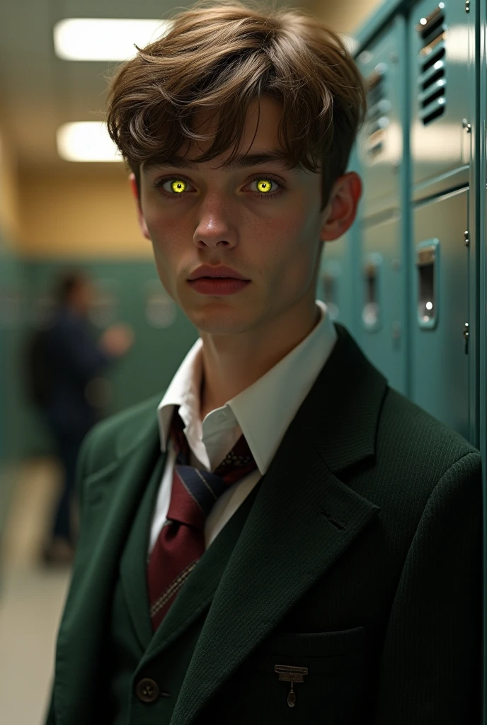 Kit Connor with yellow eyes dressed in a stylish school uniform inside a Hyperrealistic high school 