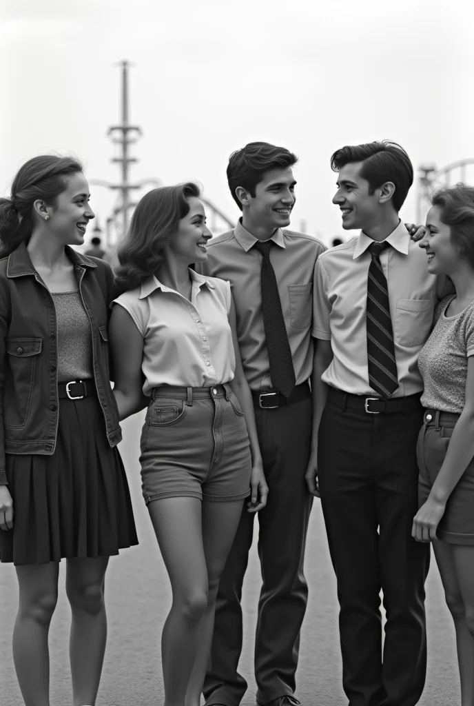 Old black and white image of teenagers going out to an amusement park 3 girls 3 boys and a girl and a boy talking 
