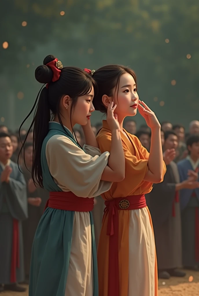 Character details, realistic portraits, real people, ancient Chinese era, Tang Dynasty, Han Fu era, a young woman in a white and blue dress and her younger sister in an orange and red dress are covering their ears from the sound of firecrackers at the opening of a large hospital in front of the large hospital. The atmosphere is lively in front of the wide shop, people can be seen standing and applauding.