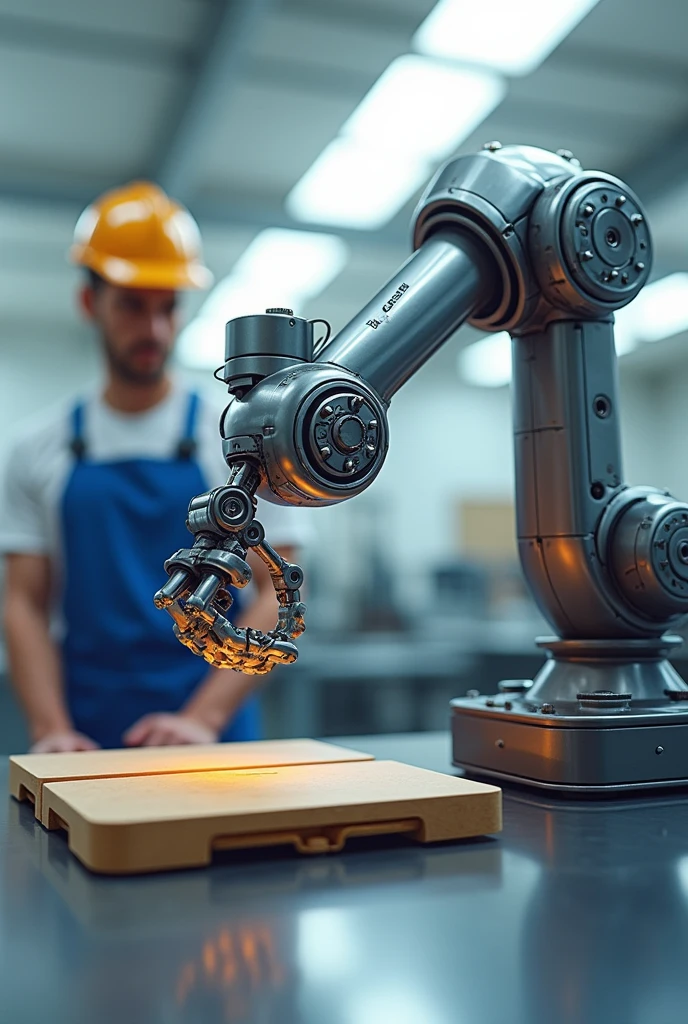 (((best quality))),(((Extremely detailed))),(((masterpiece))),illustration,Robotic Arm,Robotic Arm抓取电池包,Robotic Arm尺寸较小,accurate,旁边占一个工作人员看着Robotic Arm工作
