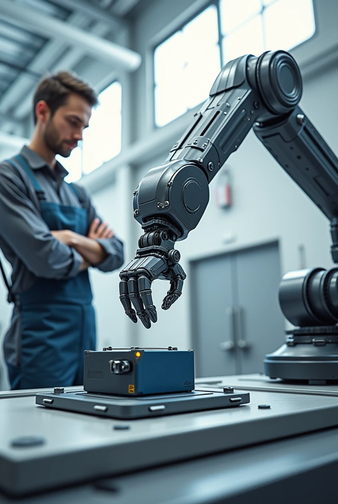 (((best quality))),(((Extremely detailed))),(((masterpiece))),illustration,Robotic Arm,Robotic Arm抓取电池包,Robotic Arm尺寸较小,accurate,旁边占一个工作人员看着Robotic Arm工作
