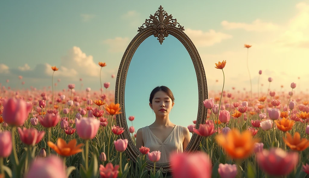 Imagine a field of flowers illuminated by a soft light, where each flower represents a different emotion. No centro do campo, a large mirror reflects the image of a person with a serene and balanced expression. The mirror is adorned with icons of communication and understanding, symbolizing emotional intelligence. The sky in the background is a smooth gradient of colors, reflecting emotional harmony and inner peace.