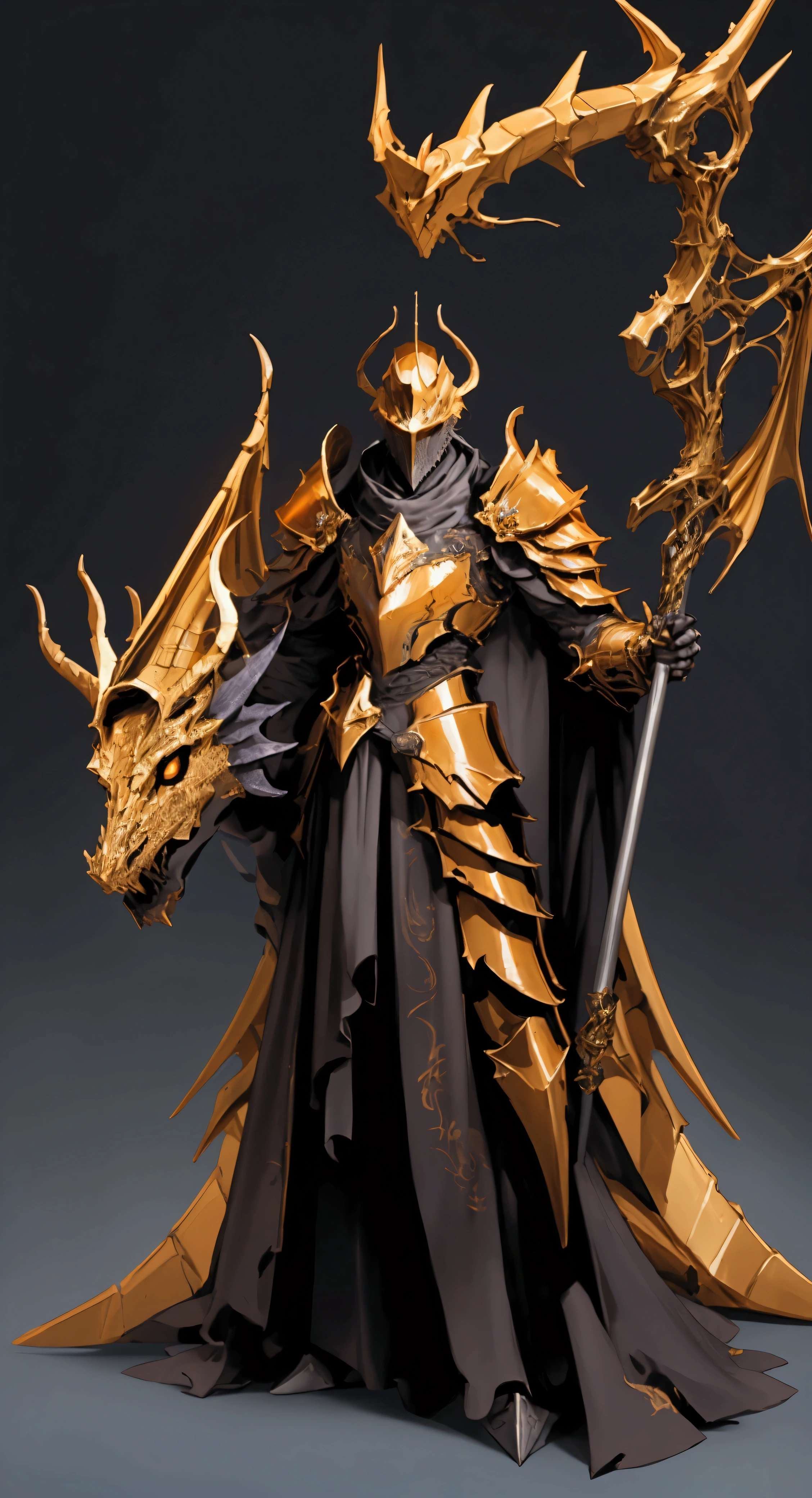 envision a 8k, highres, cinematic full body design sheet of a Faceless Knight named Ornstein with a slender body with Grand Golden armor with a dragon slayer helmet against a dark gray background in the style of dark fantasy