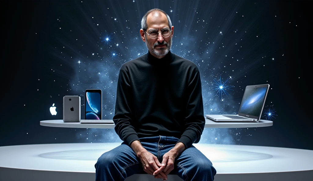 A digitally rendered portrait of Steve Jobs, capturing the essence of his visionary nature. He is seen wearing his iconic black turtleneck and blue jeans., sitting on a minimalist platform. Behind him, a timeline of Apple's evolution unfolds, with multiple devices like iPod, iPhone, and a MacBook. An aura of brightness surrounds him, with stars and spiral patterns symbolizing their creative and revolutionary impact. The image is sharp and clear, celebrating the legacy of Steve Jobs and his lasting contribution to technological advancement.