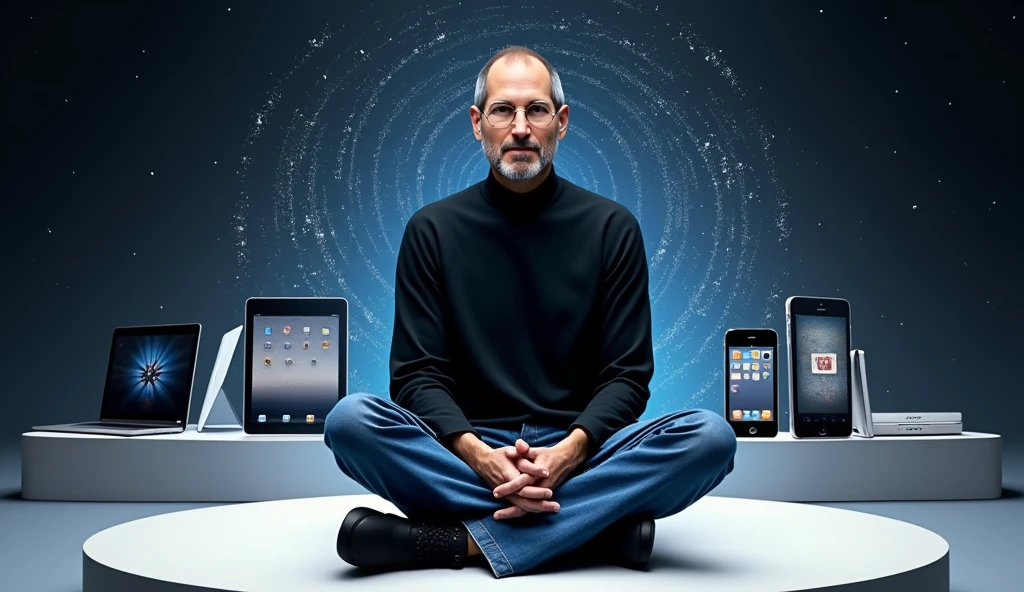 A digitally rendered portrait of Steve Jobs, capturing the essence of his visionary nature. He is seen wearing his iconic black turtleneck and blue jeans., sitting on a minimalist platform. Behind him, a timeline of Apple's evolution unfolds, with multiple devices like iPod, iPhone, and a MacBook. An aura of brightness surrounds him, with stars and spiral patterns symbolizing their creative and revolutionary impact. The image is sharp and clear, celebrating the legacy of Steve Jobs and his lasting contribution to technological advancement.