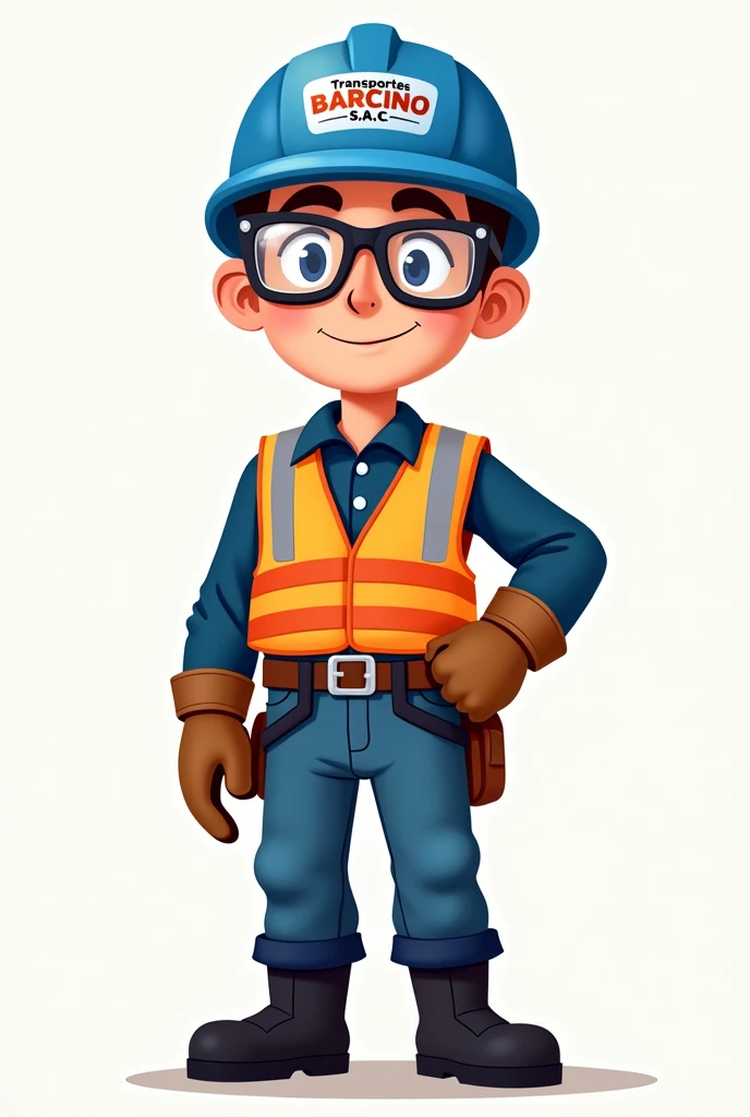 Cartoon of a worker wearing personal protective equipment with black boots, blue helmet, Orange vest with reflective tapes, Long sleeve polo with reflective tape and lead, Blue pants, Goggles and leather gloves. The company logo must be on the helmet. "TRANSPORTES BARcINO S.A.c."