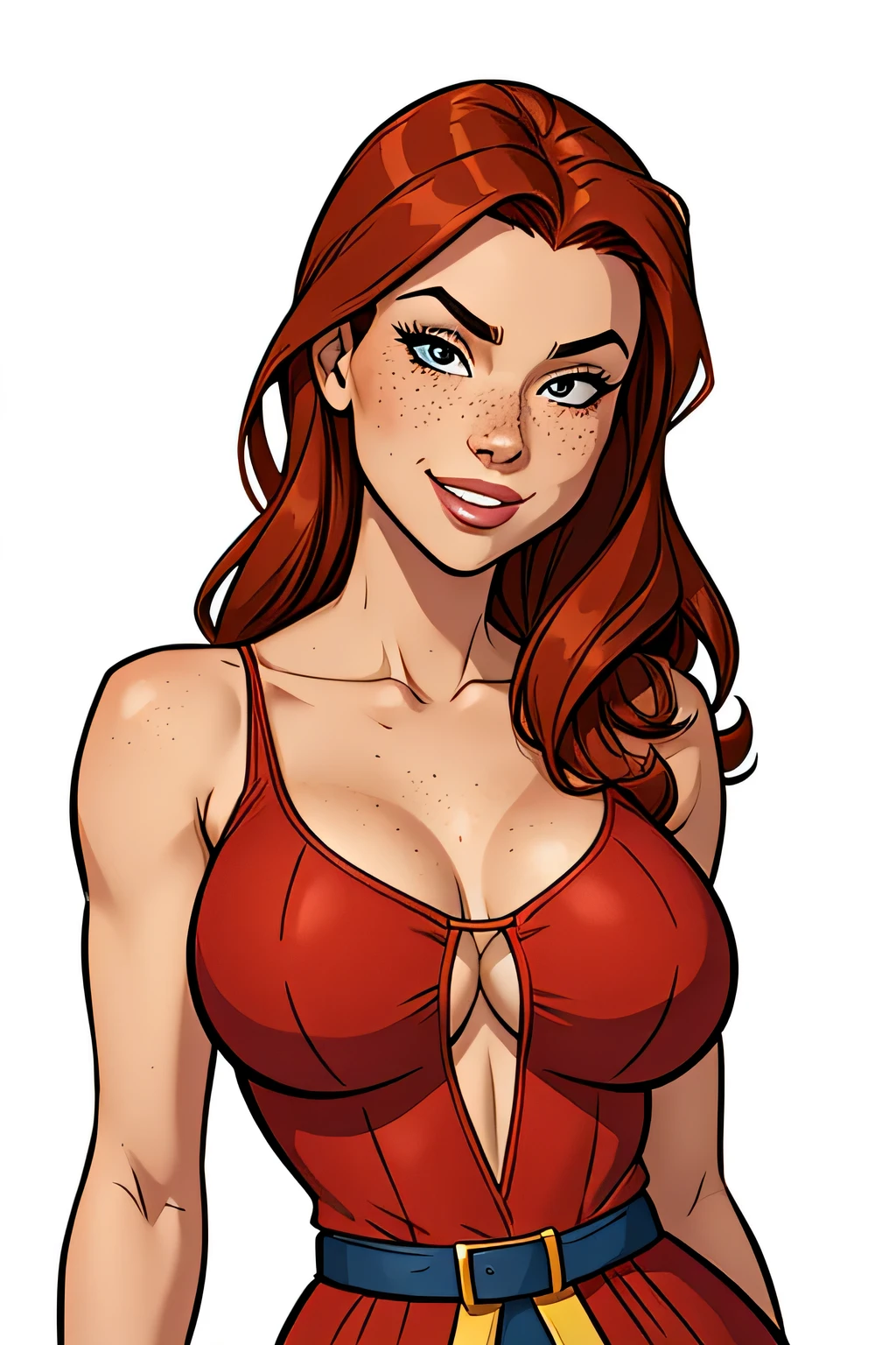 Slim athletic woman, age 25, 4K (High definition), beautiful smile, seducing gaze (blinking to camera), eyes browns, wearing a medieval dress ((with v-neckline)), arms positioned at the side of the body, skin fair, loose red hair ((at shoulder height)), standing (upper body), curvy with freckles on her chest and neck, big round breasts. High-quality Marvel style, white background.