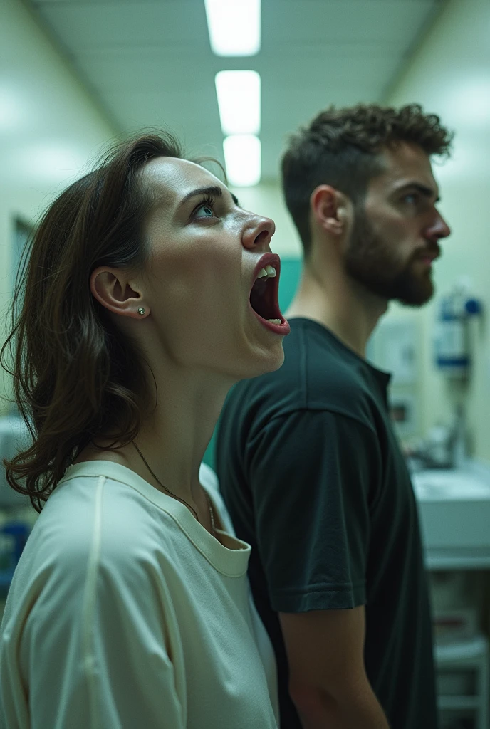 Woman with a crazy face next to a sane man, inside a neuropsychiatric hospital