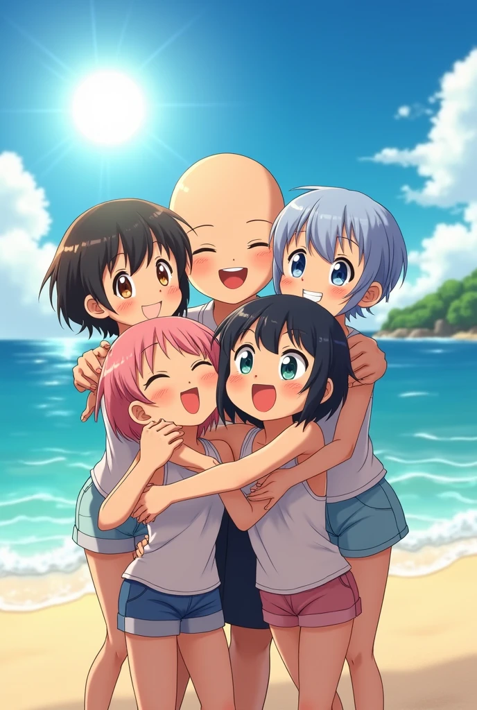 Short young man with bald head smiling hugging a 5 woman with very short hair on a beach on a sunny day in anime