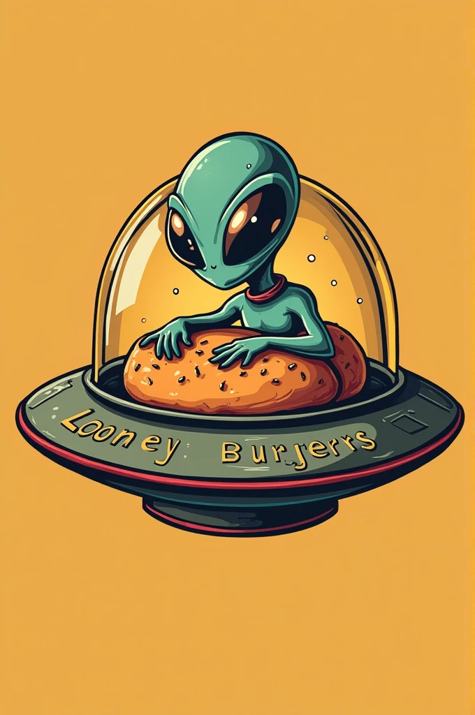 A logo for a hamburgers business called "Looney Burguers". The main element is friendly extraterrestrial being with with. The being is inside an UFO-shaped spaceship that is a hamburger. The text "Looney Burguers" is written on the spaceship. There is not background