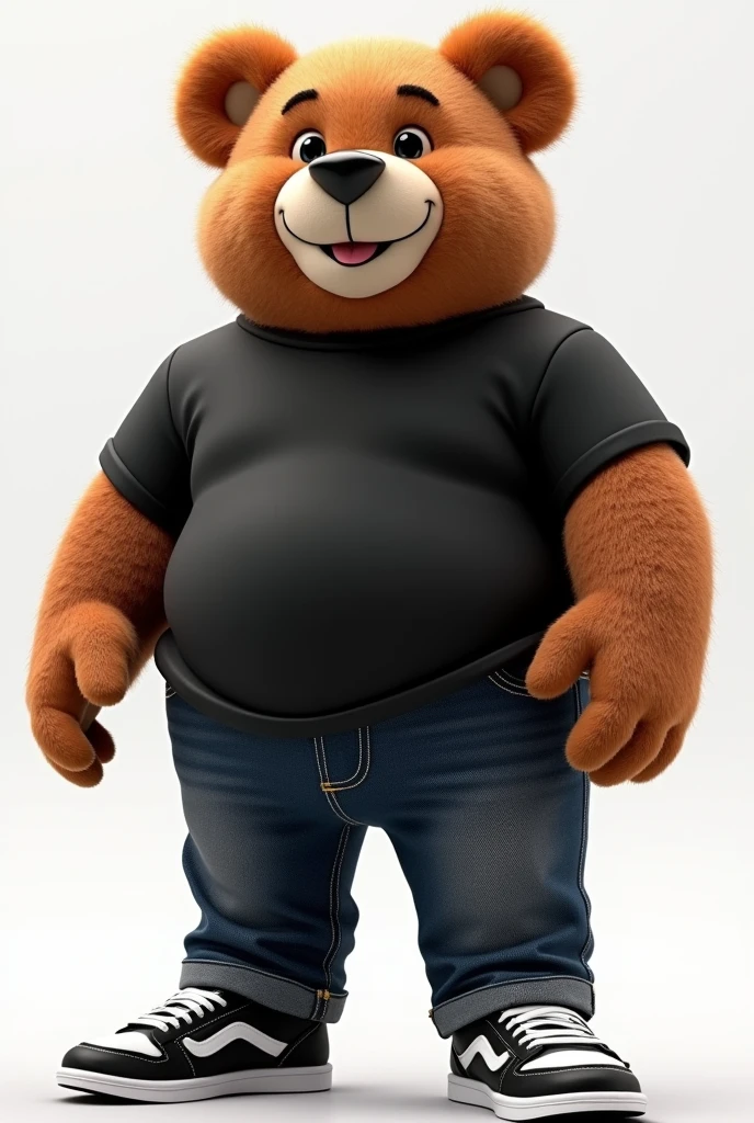 3D illustration of a tall and big, chubby teddy bear dressed in a black shirt and jeans, black sneakers with white details, nerdy, middle-aged, with a wise face and a beautiful smile, in 4K. The illustration should have an adult, sophisticated style, with expressive eyes and arms positioned at the sides of the body.