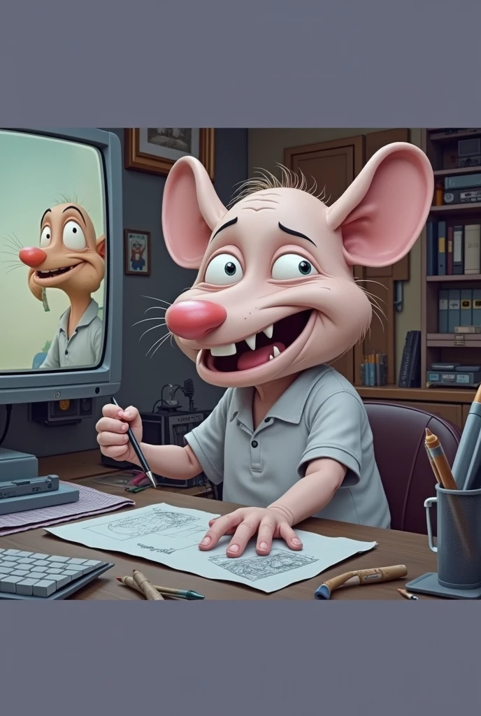 Man with a rodent face animating a show