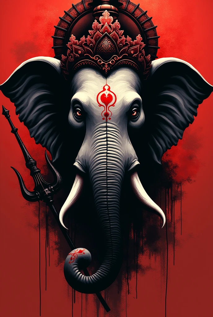 The image features a striking black and red illustration of Lord Ganesha face, the elephant-headed deity, holding a trident.