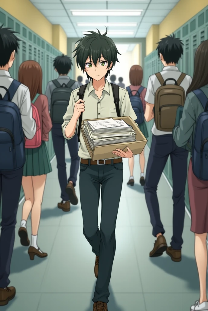 General view of the school hallway. Haruki is walking with a folder full of documents related to the festival.. The expression on his face is serious and focused..