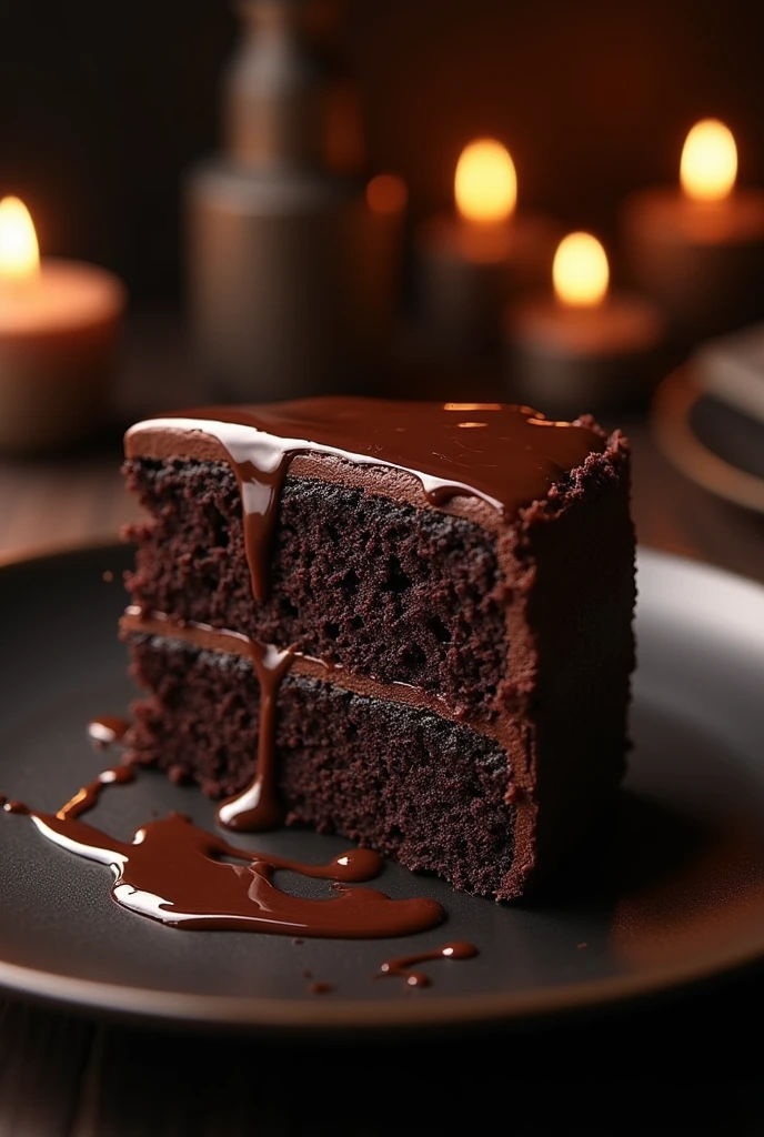 Chocolate cinematic movie scene, bolo de chocolate, darkness background, quality photo, Wet texture, penthouse, studio photo, slice. shallow depth of field, vignettes, highly detailed, high budget, bokeh, cinemascope, temperamental, epic, comely, film grain, grainy.
