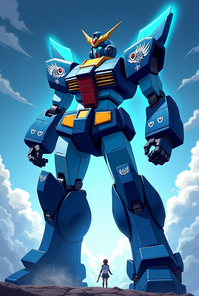 Dark Navy, light blue, White, Fluorescent Cyan, anime, Giant Robot, Uplifting,Junmin, Simple super robot full body image, Fighting, Simple Background,universe,