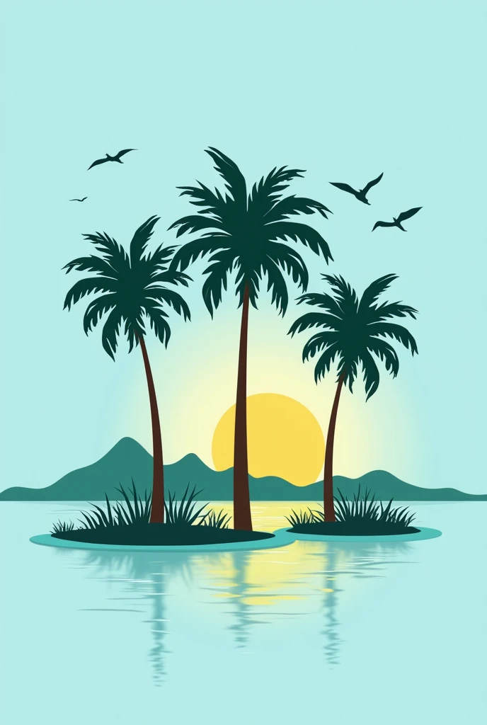 Minimalist and colorful icon style logo for social media profile with three buriti palm trees (Mauritia Flexuosa) in the swamp, with the sun shining brightly in the blue sky, with birds flying in the distance in the sky.