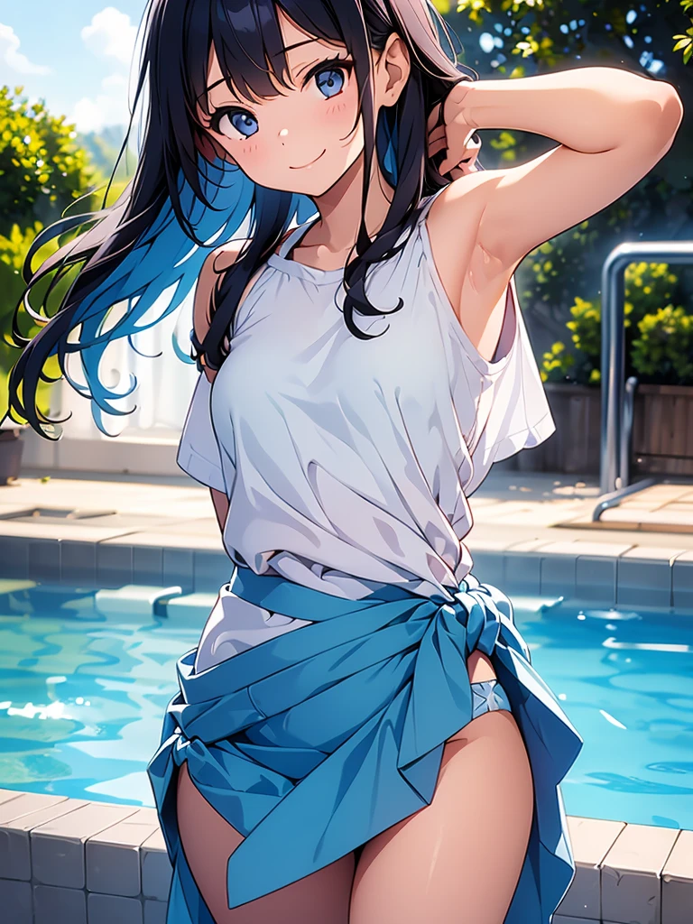 Girl, cute, adorable, smiling, straight hair, long hair, black hair, standing, (right arm up behind:1.2), (shows armpit:1.2), (left　arm Lower waist:1.2), Swayback stance, looking at the camera, From the front, from thighs to head, pool, daylight,Sarong-pass