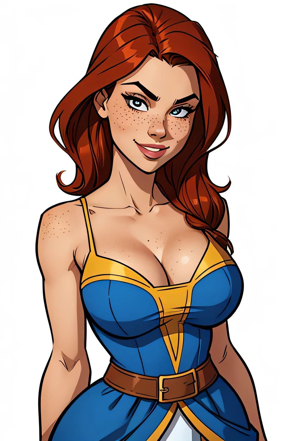 Slim athletic woman, age 25, 4K (High definition), beautiful smile, seducing gaze (blinking to camera), eyes browns, wearing a medieval dress ((with v-neckline)), arms crossed in front of the body, skin fair, loose red hair ((at shoulder height)), standing (upper body), curvy with freckles on her chest and neck, big round breasts. High-quality Marvel style, white background.