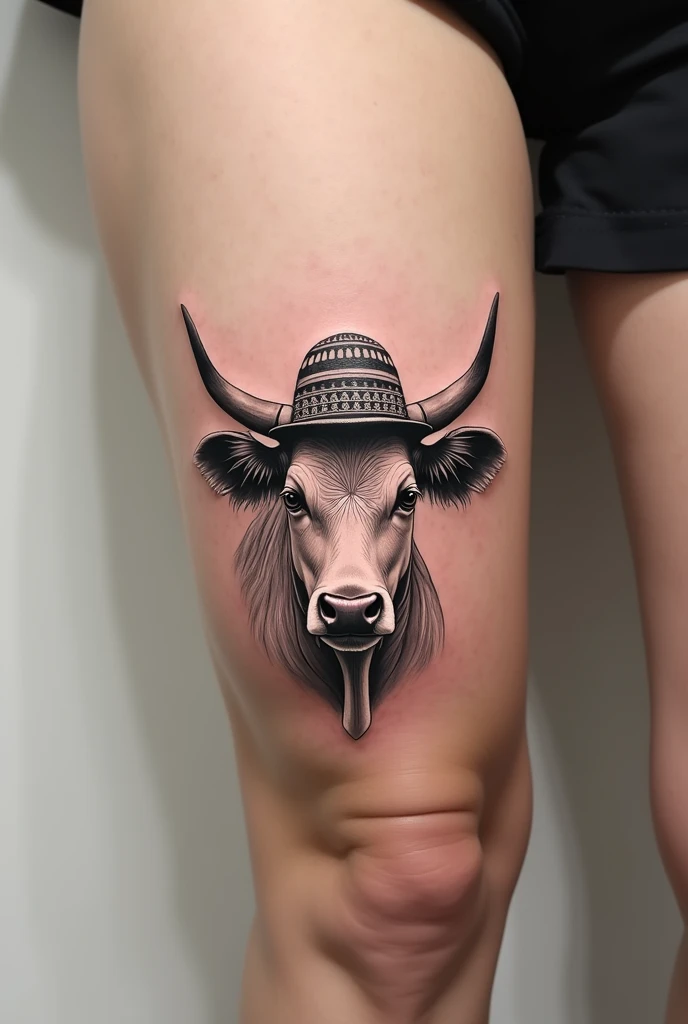 Minimalist realistic cow tattoo with cachucha, female 
