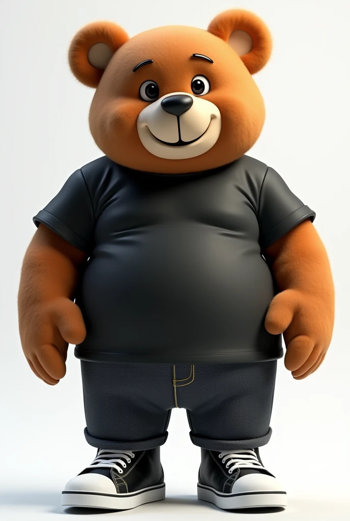 3D illustration of a tall and big, chubby teddy bear dressed in a black shirt and jeans, black sneakers with white details, nerdy, middle-aged, with a wise face and a beautiful smile, in 4K. The illustration should have an adult, sophisticated style, with expressive eyes and arms positioned at the sides of the body.