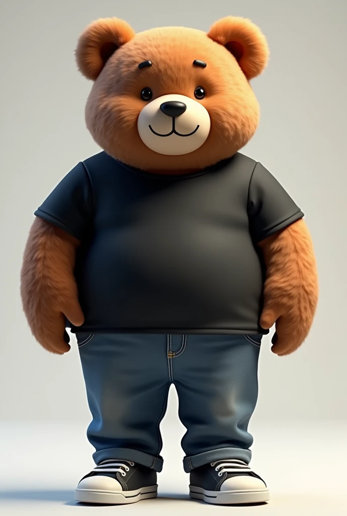 3D illustration of a tall and big, chubby teddy bear dressed in a black shirt and jeans, black sneakers with white details, nerdy, middle-aged, with a wise face and a beautiful smile, in 4K. The illustration should have an adult, sophisticated style, with expressive eyes and arms positioned at the sides of the body.